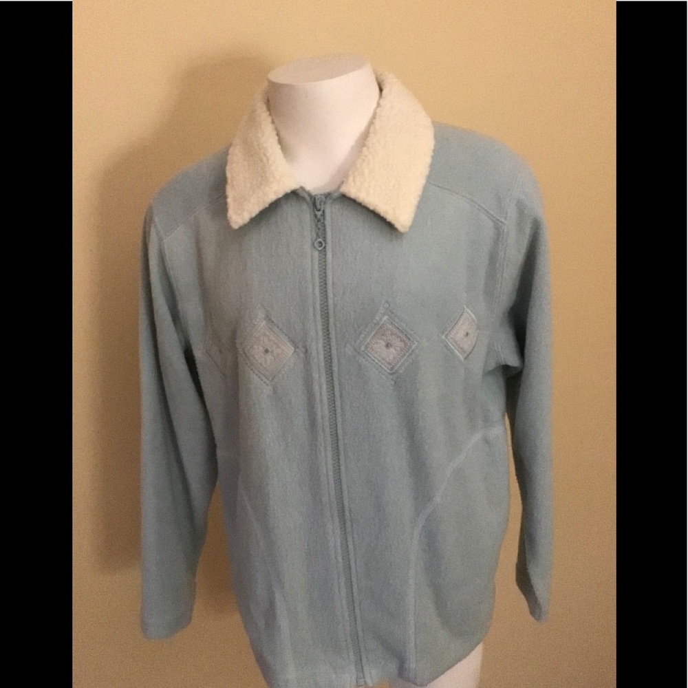 Petite Light Blue Zip Jacket w Faux Fur on Collar